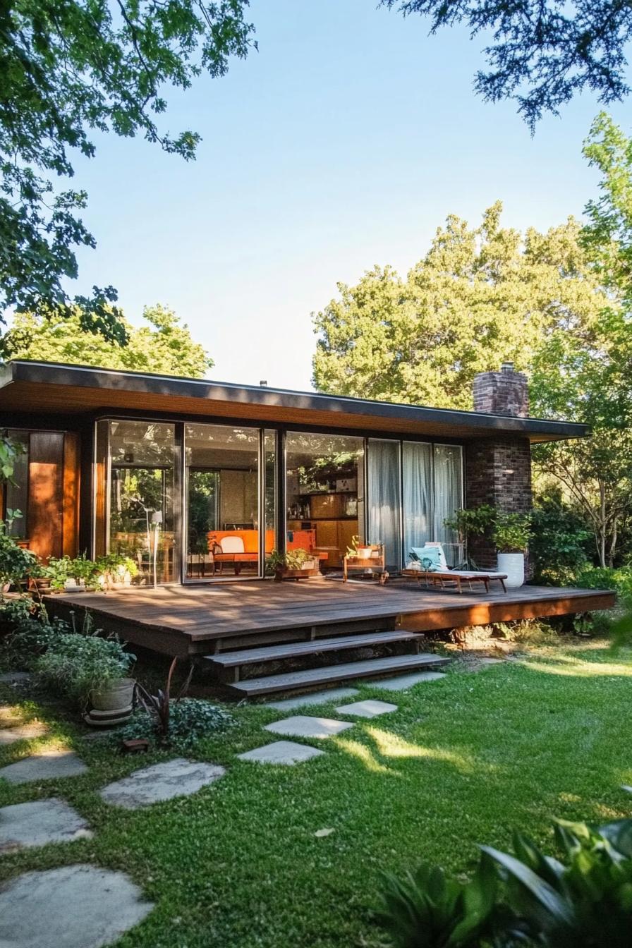 small mid century modern style house with large deck small garden