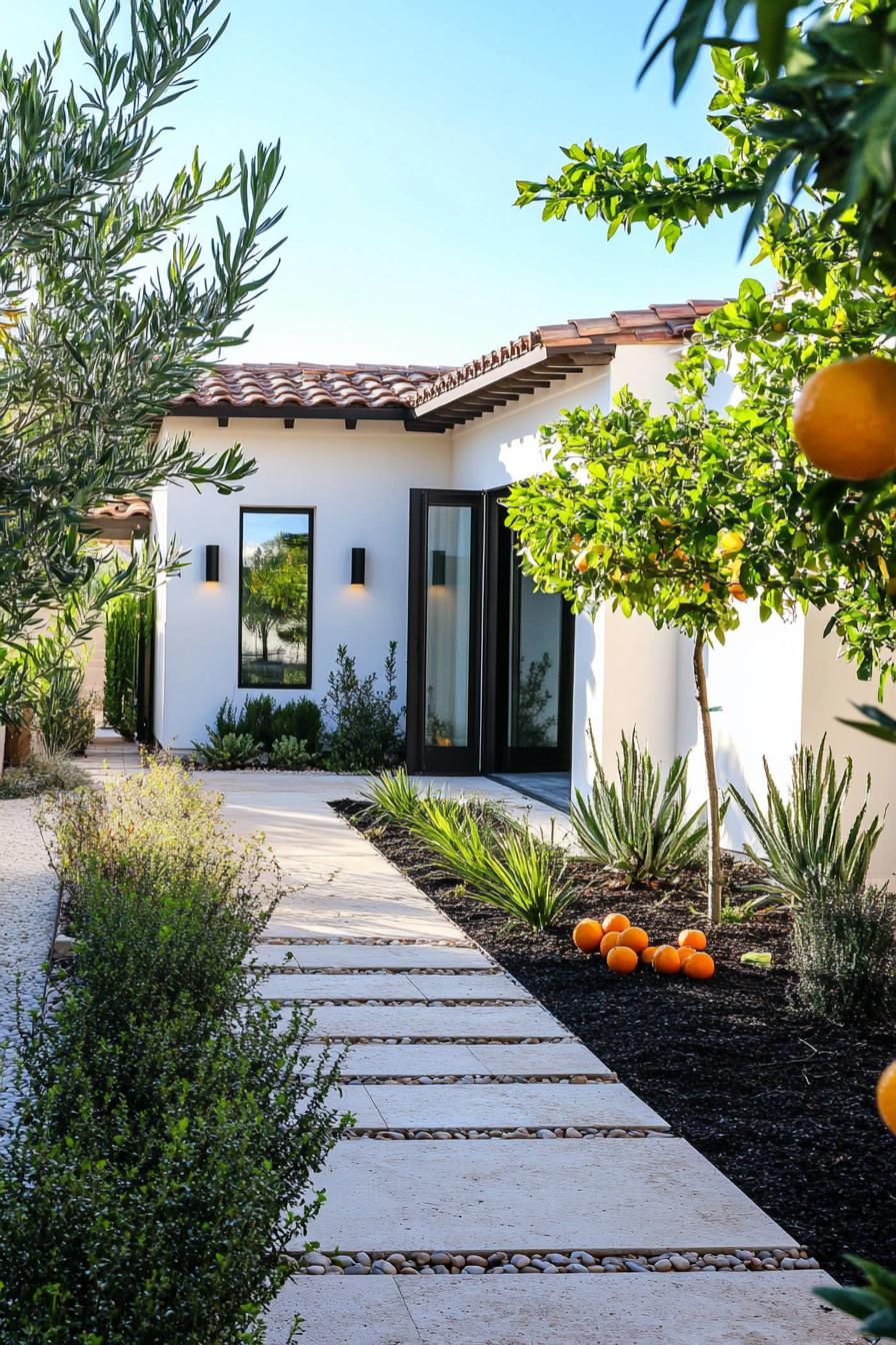 small modern spanish mediterranean yard with travertine tiles a strip of dark soil and a small orange tree the house is one story white stucco with 1