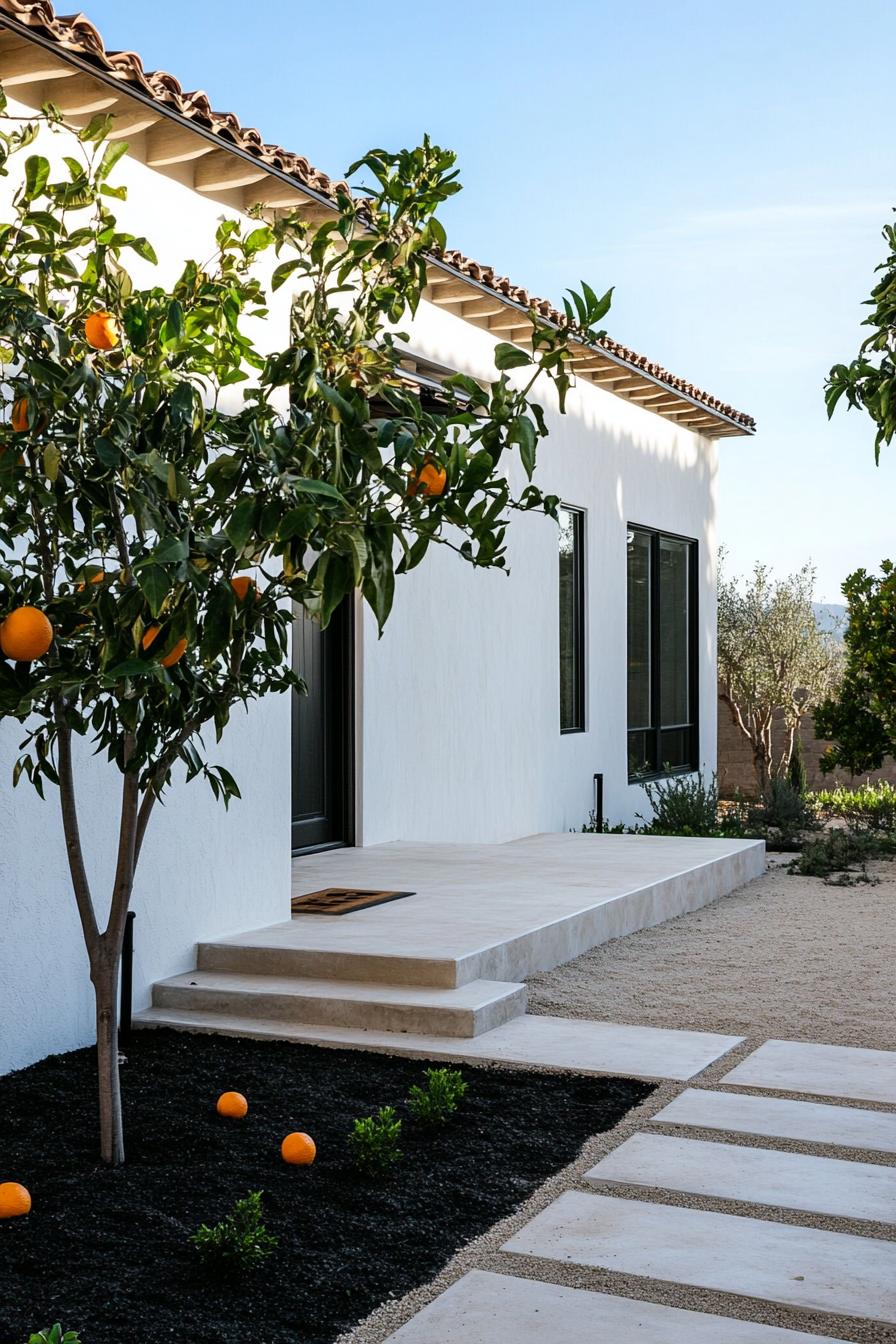 small modern spanish mediterranean yard with travertine tiles a strip of dark soil and a small orange tree the house is one story white stucco with 2