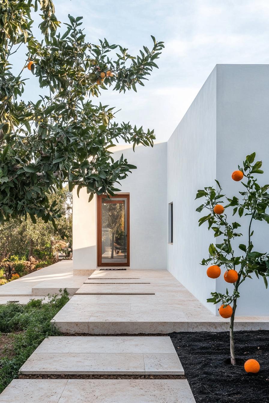 small modern spanish mediterranean yard with travertine tiles a strip of dark soil and a small orange tree the house is one story white stucco with