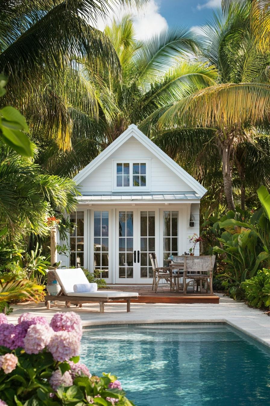 tiny white beachfront cabin with pitched roof full wall windows pool with deck tall palms sandy beach garden with hydrangeas