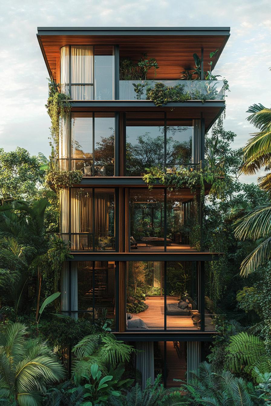 a tall modern container apartment building complex with full glass walls in a lush tropical forest with garden decks 1