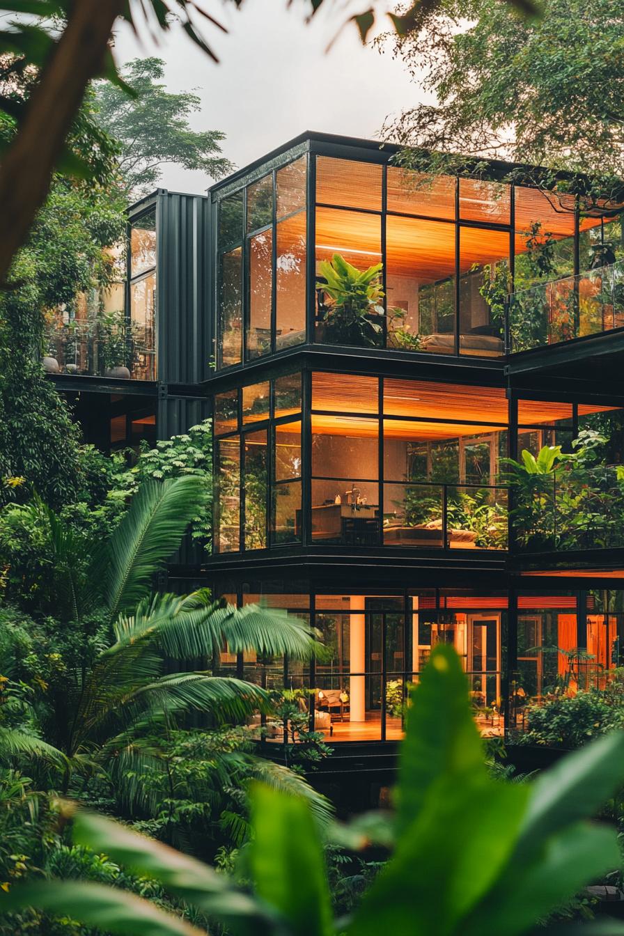 a tall modern container apartment building complex with full glass walls in a lush tropical forest with garden decks 2