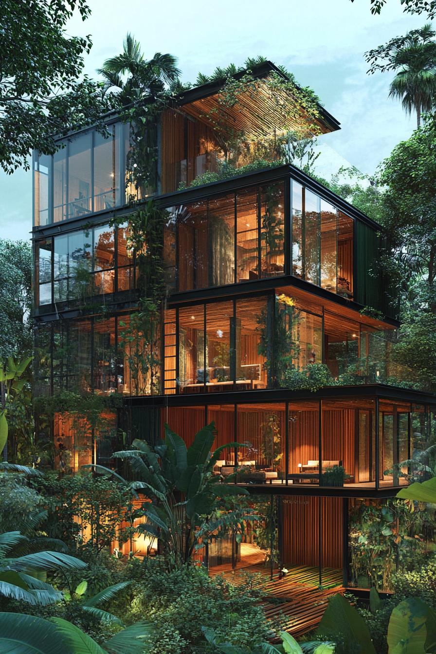 a tall modern container apartment building complex with full glass walls in a lush tropical forest with garden decks 3