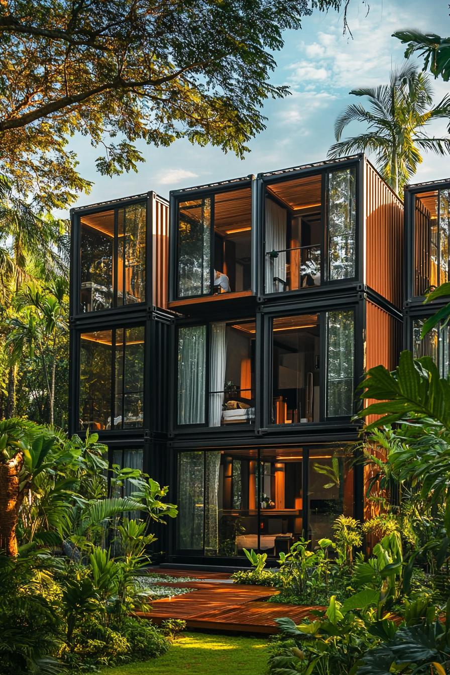 a tall modern container apartment building complex with full glass walls in a lush tropical forest with garden decks