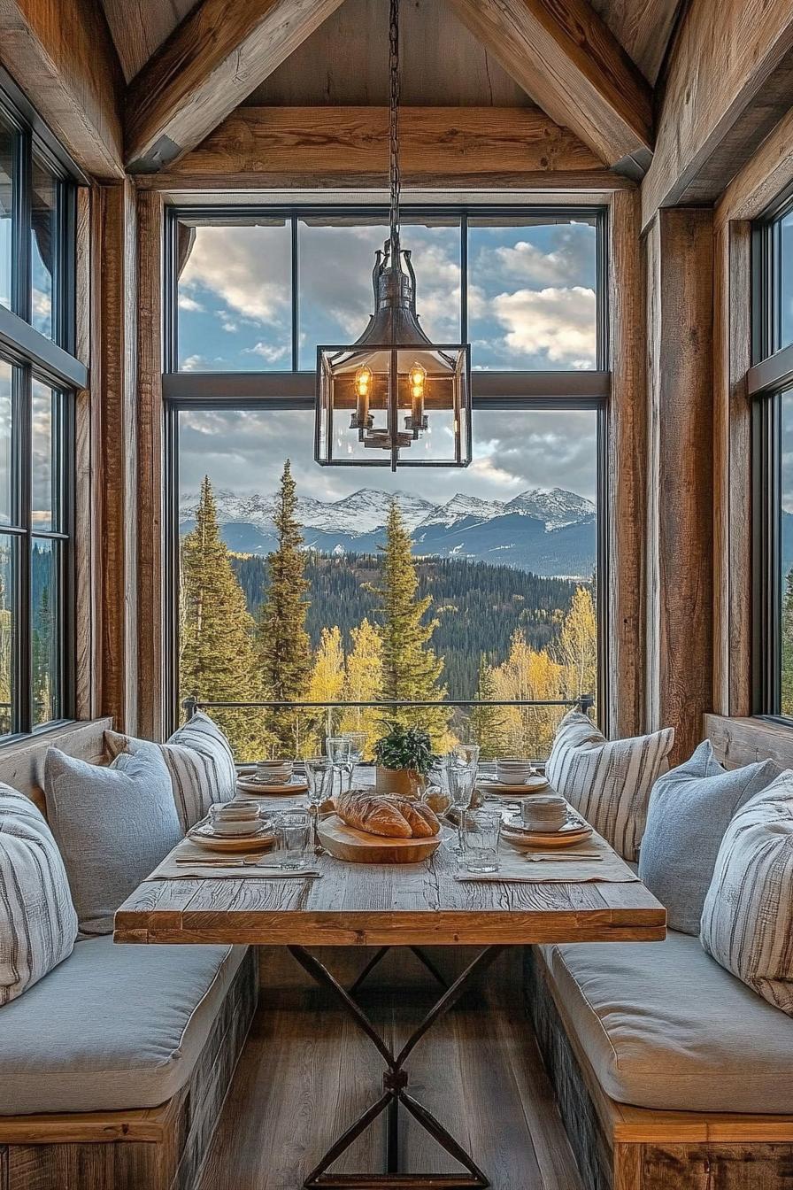 barndominium interior breakfast nook with farmhouse and modern elements stunning mountain views through the windows 2