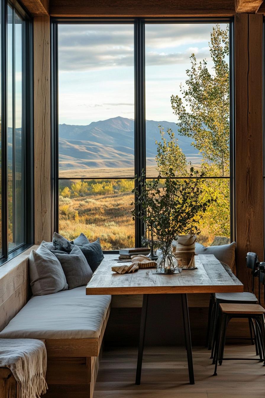 barndominium interior breakfast nook with farmhouse and modern elements stunning mountain views through the windows 3