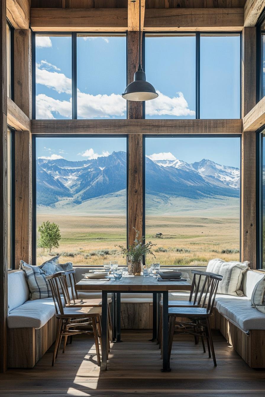 barndominium interior breakfast nook with farmhouse and modern elements stunning mountain views through the windows