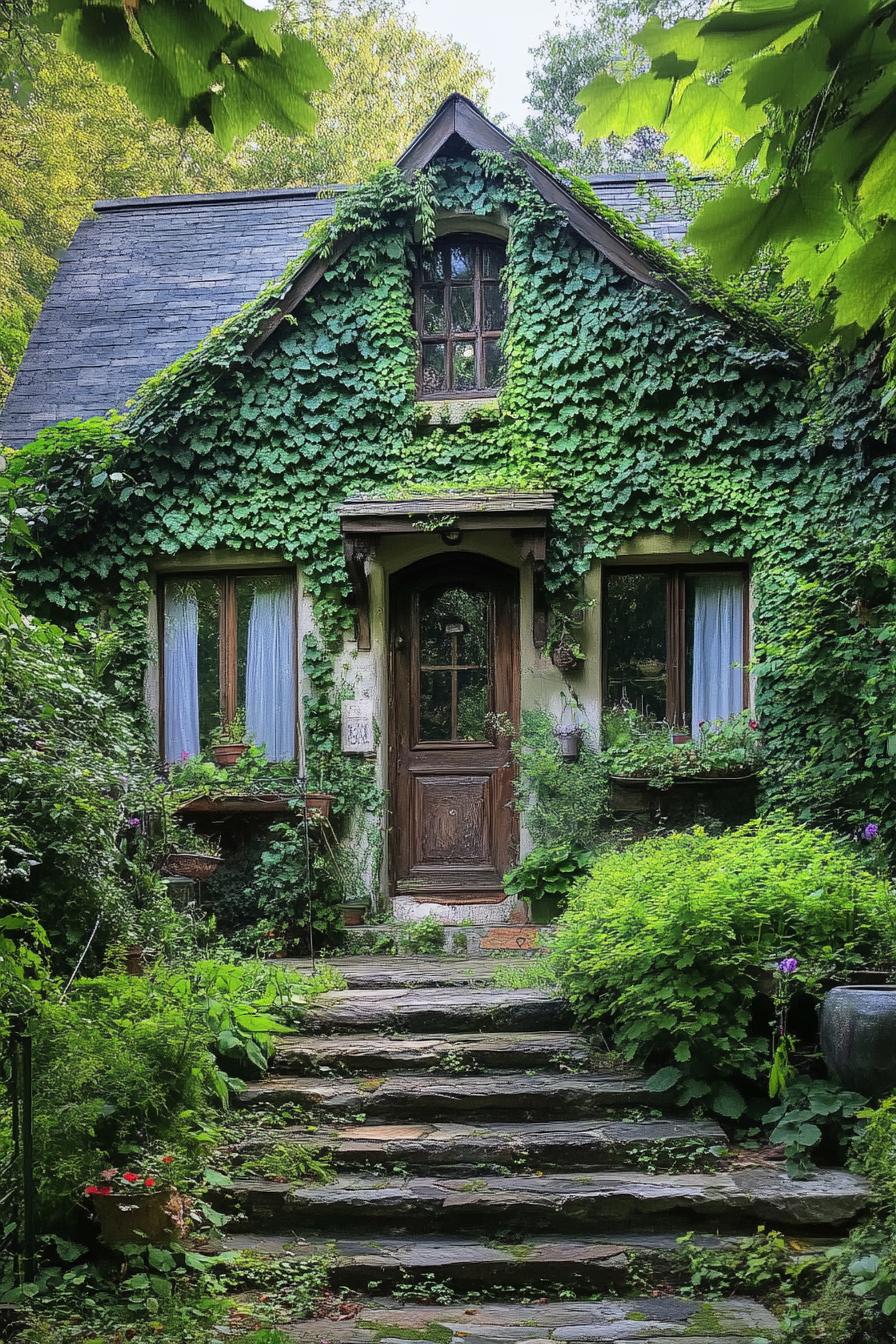 cottage house overgrown with vines with lush front garden 1