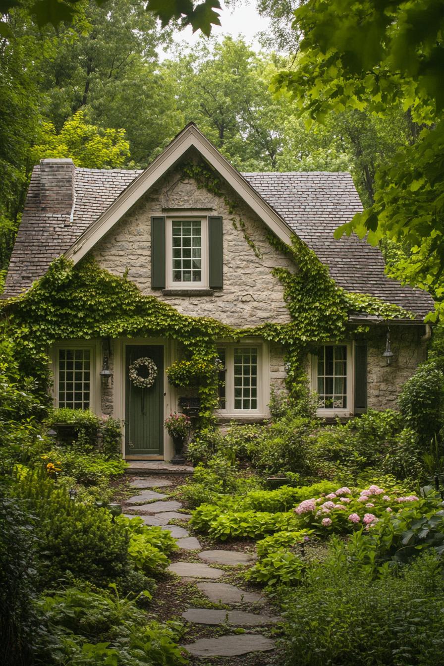 cottage house overgrown with vines with lush front garden