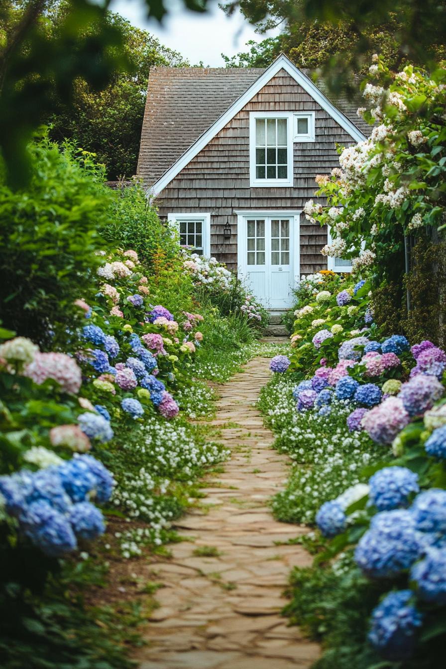 garden path lined with lush blossoming flowers leading to a charming upkept cottage house in clapboard cladding and white windows 1