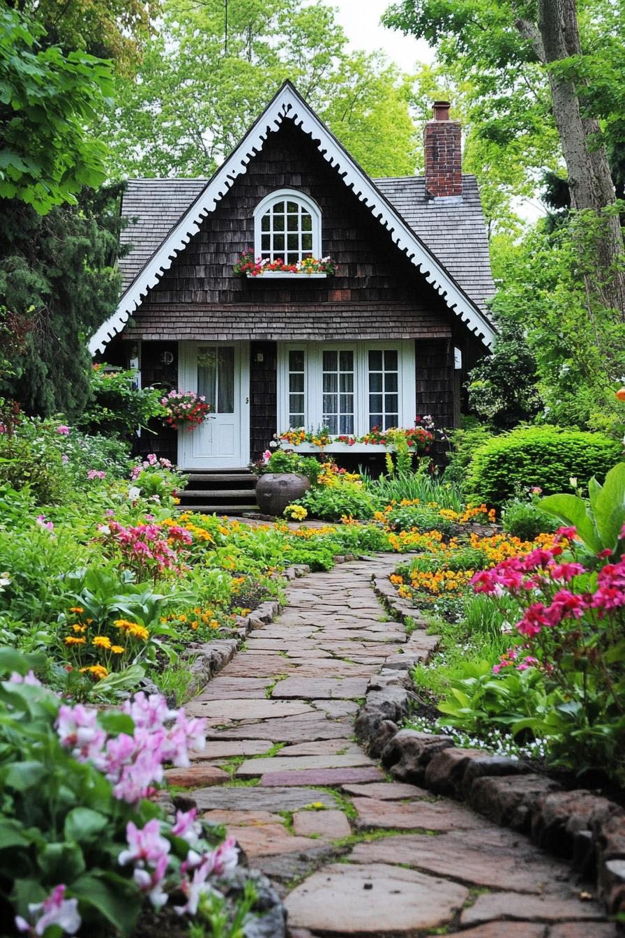 garden path lined with lush blossoming flowers leading to a charming upkept cottage house in clapboard cladding and white windows