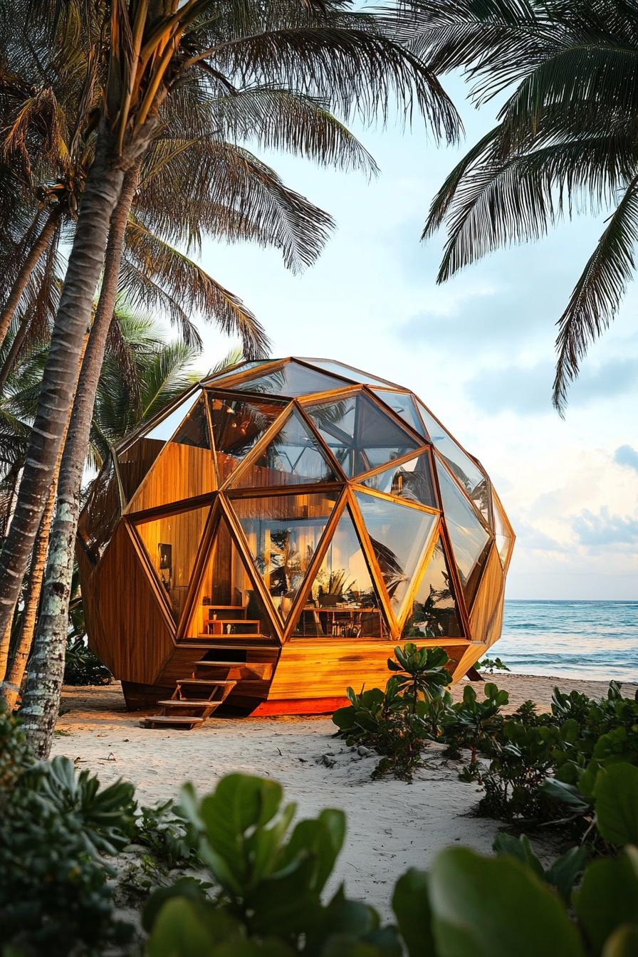 geodesic dome cabin with mixed wood and glass polygonal facets the cabin is by the beach with tall palms and is overlooking the ocean