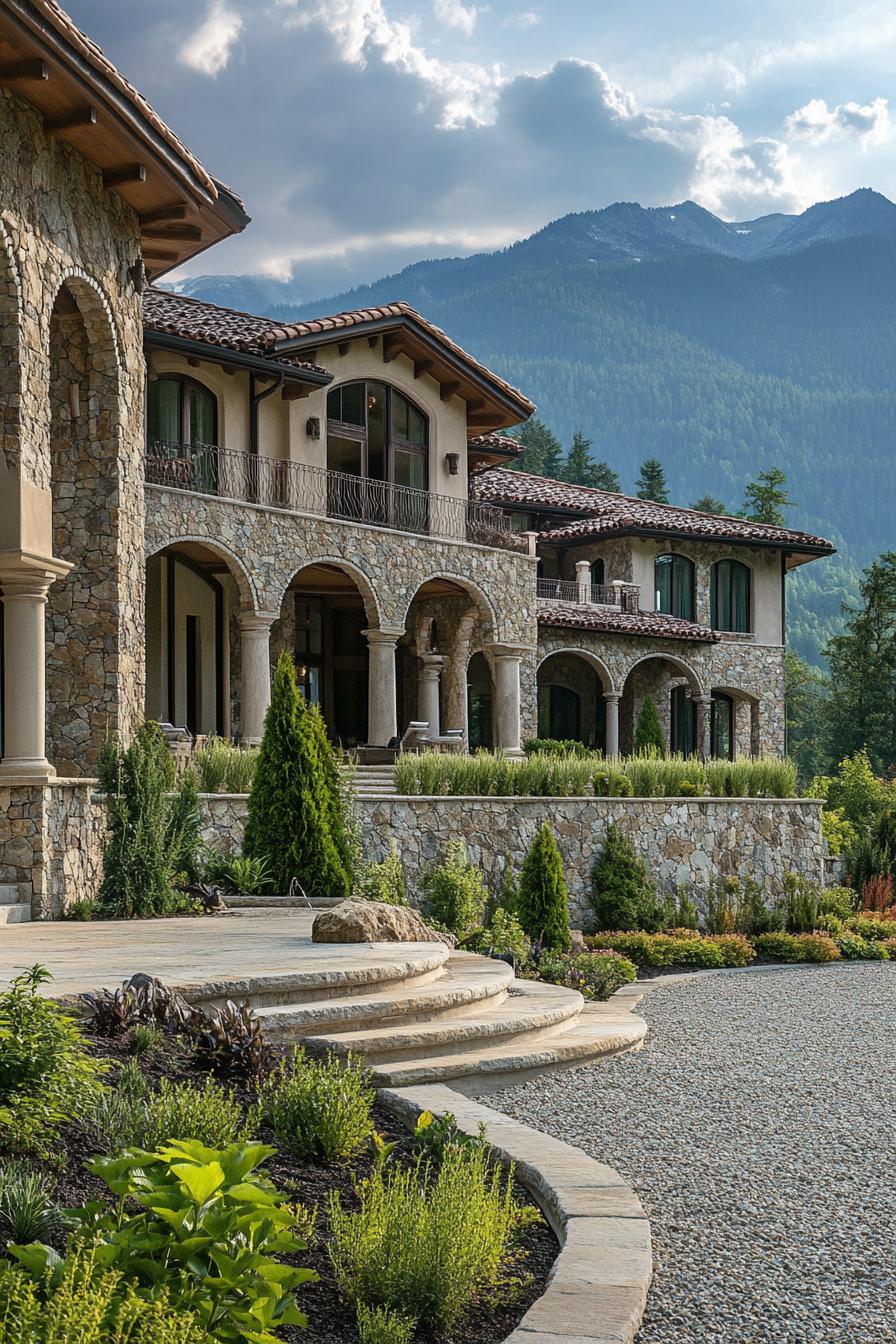 high angle view of a massive mountain mansion with stone columns and arches large terraces multi pitched roofing gravel landscape with native 1