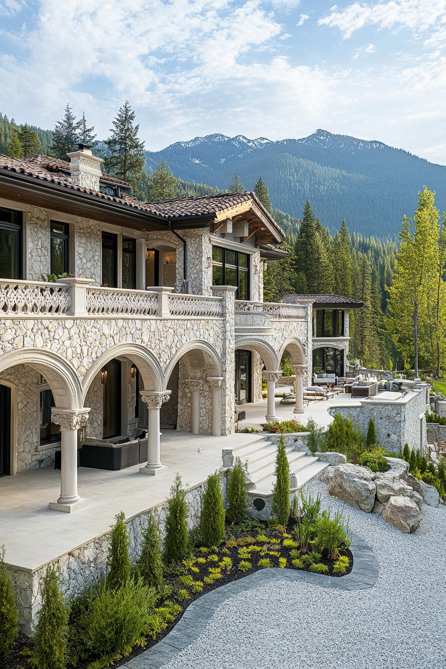 high angle view of a massive mountain mansion with stone columns and arches large terraces multi pitched roofing gravel landscape with native 2