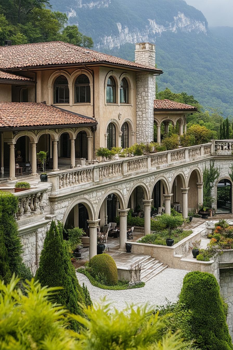 high angle view of a massive mountain mansion with stone columns and arches large terraces multi pitched roofing gravel landscape with native 3