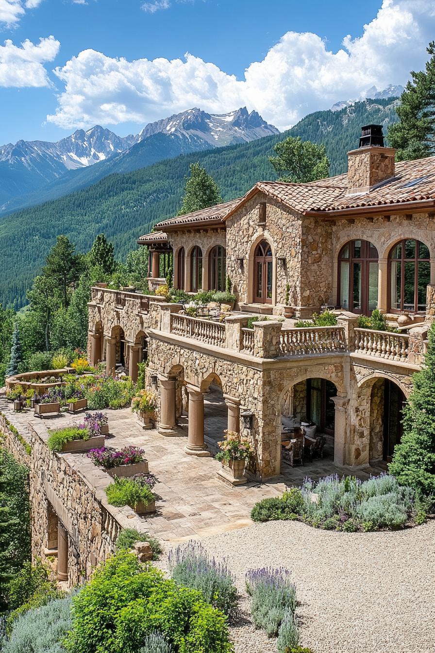 high angle view of a massive mountain mansion with stone columns and arches large terraces multi pitched roofing gravel landscape with native