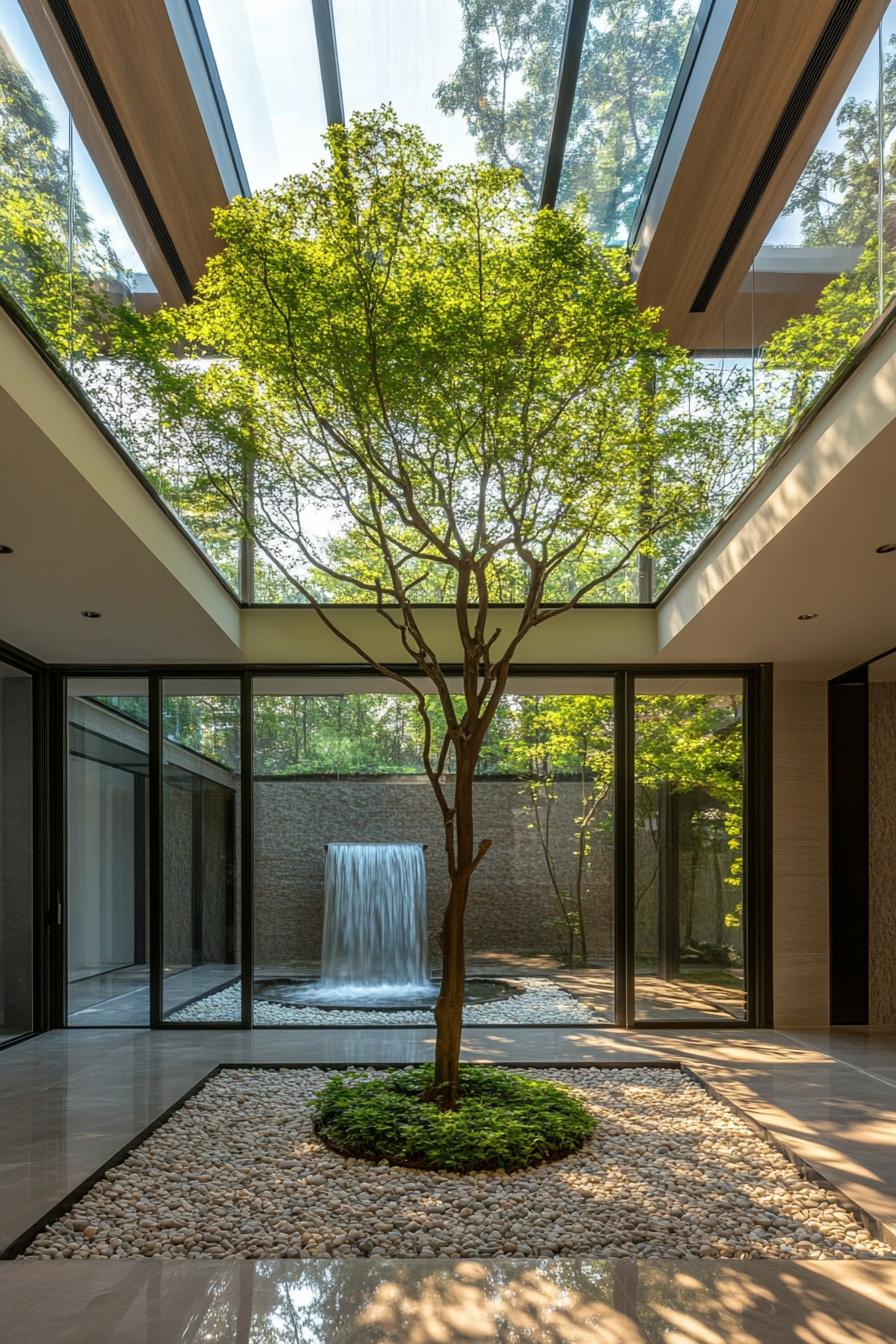 indoor hall of a modern house with glass encased small tree on pebble ground theres a waterfall feature at the back of encased area and a skylight