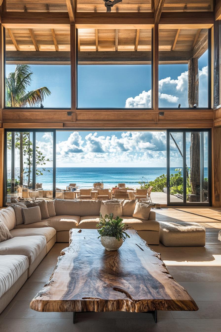 interior of a beachfront home high ceiling full wall windows sliding doors with beach front tropical island views interior rustic style sectional