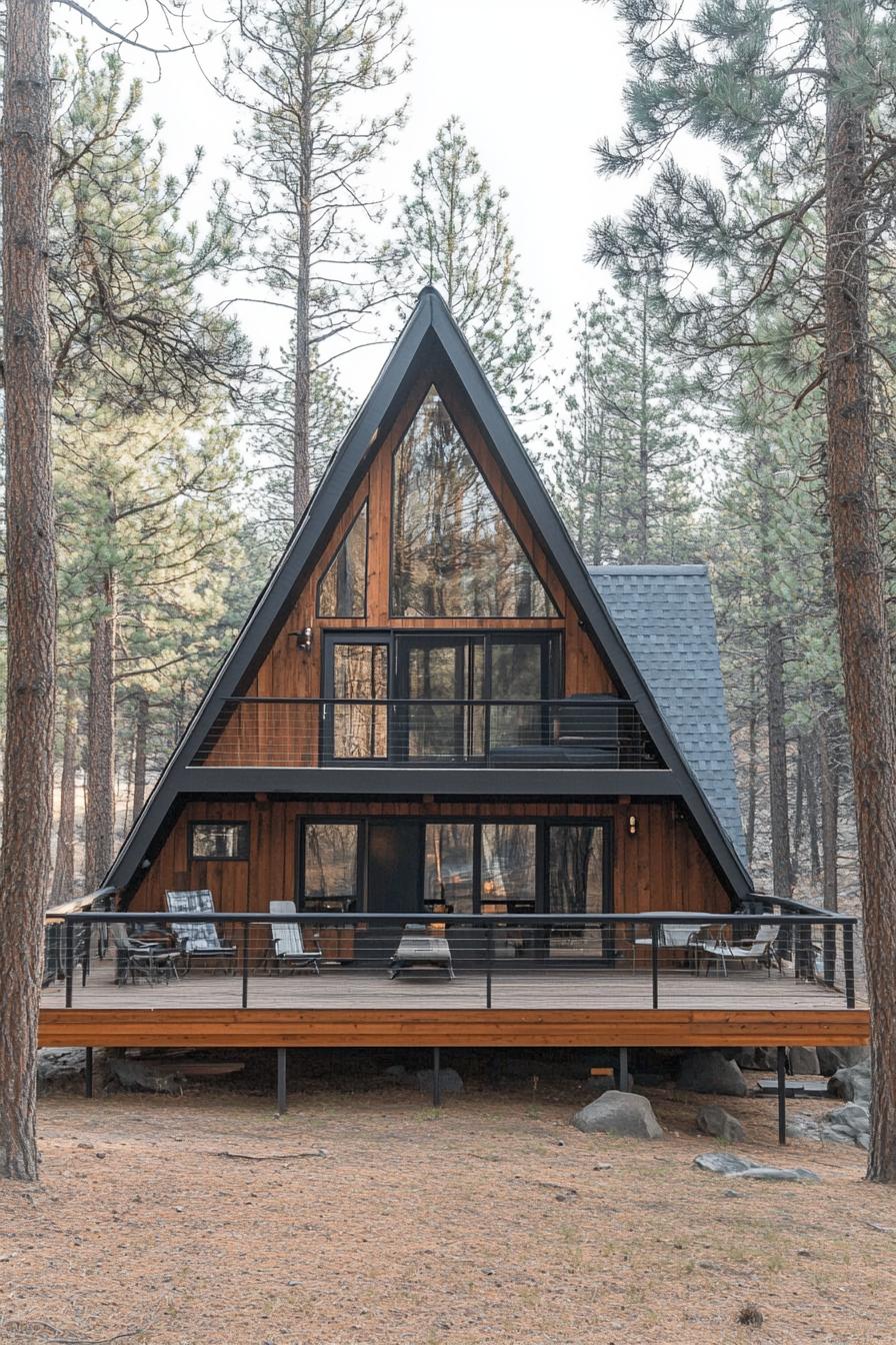 large modern a frame house in a forest site with large deck tall pine trees in the landscape