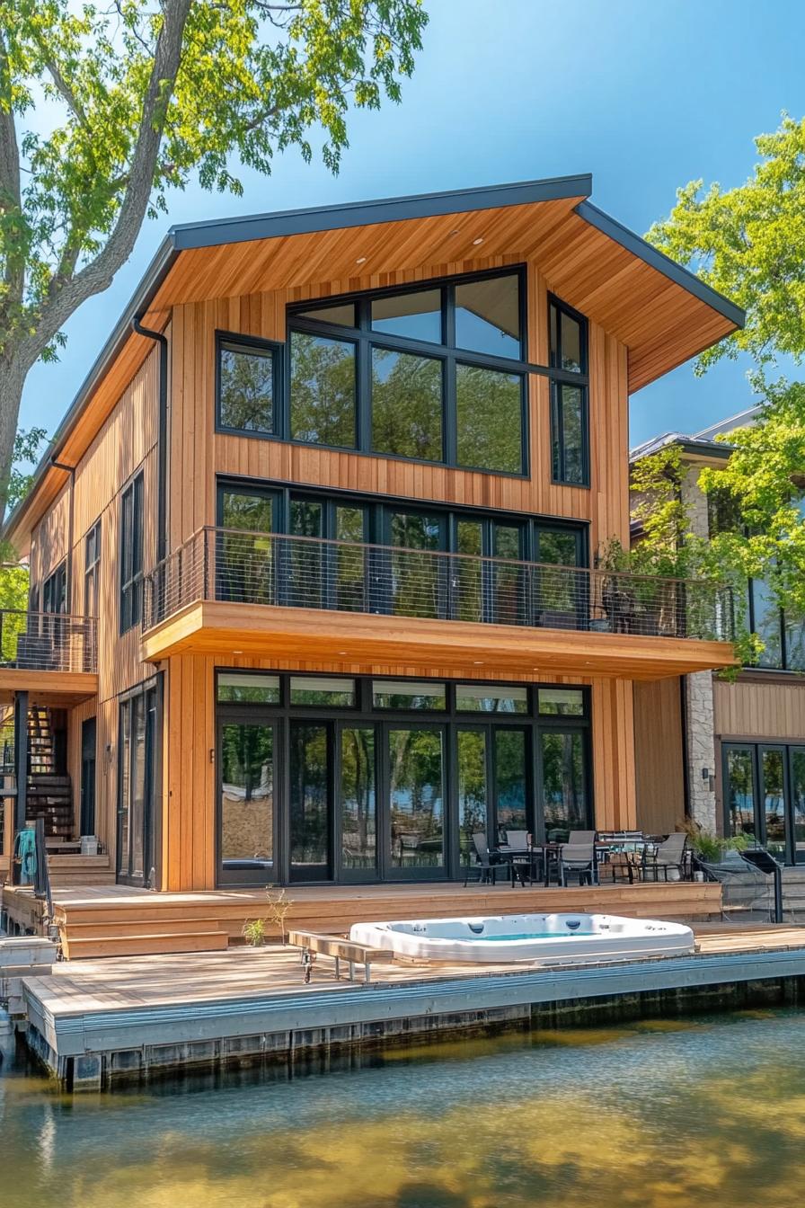 large modern lakefront threee story house with wooden siding large windows balconies large deck with hottub dock