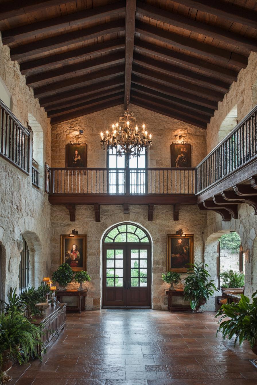 large spanish mediterranean home hall with stone walls high wooden ceiling candelabra chandelier arched windows and door walls with paintings