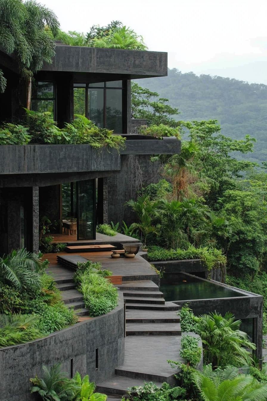 modern dark concrete multi level house on a hillside in a lush rainforest there are large terraces with steps rooftop with gardens 1