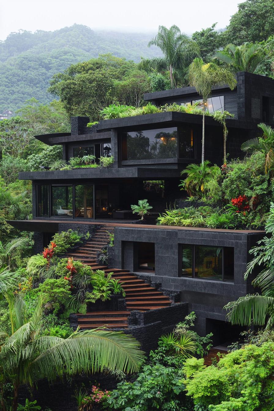 modern dark concrete multi level house on a hillside in a lush rainforest there are large terraces with steps rooftop with gardens 2