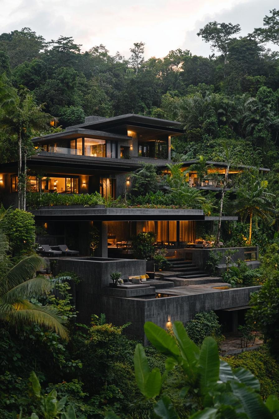 modern dark concrete multi level house on a hillside in a lush rainforest there are large terraces with steps rooftop with gardens 3