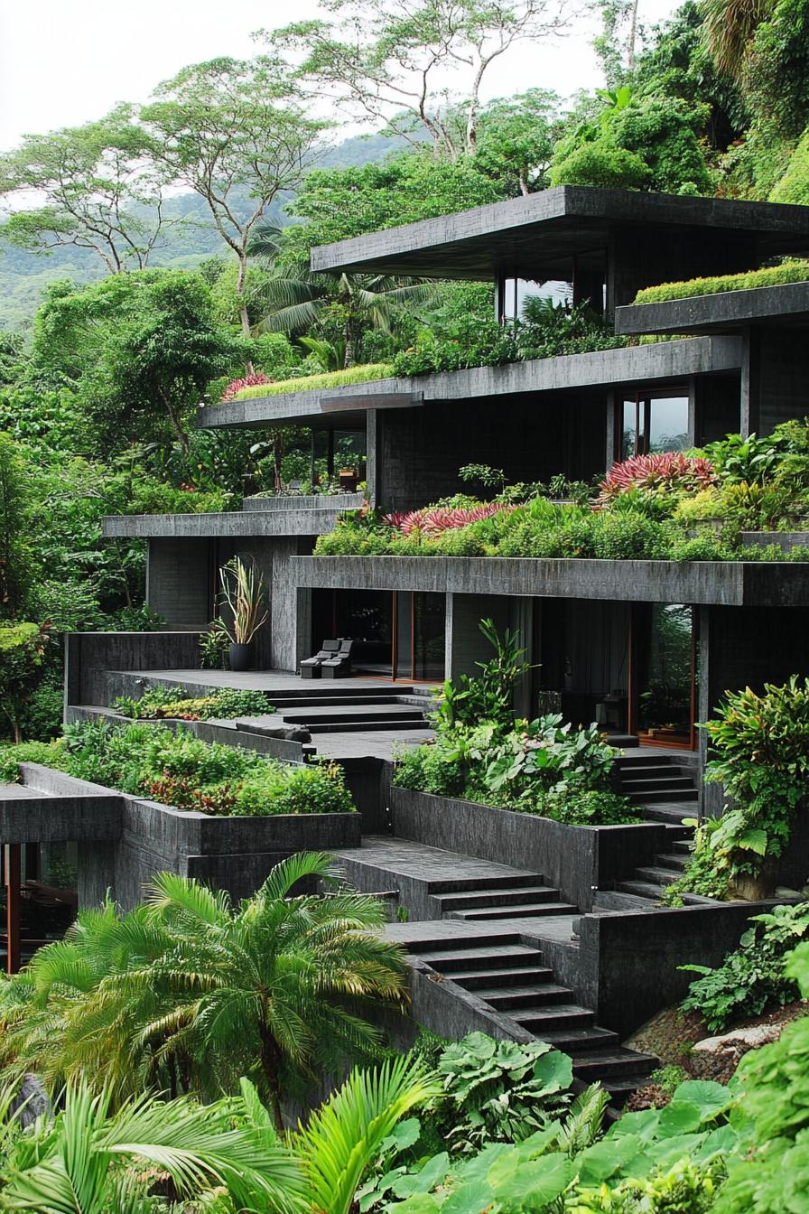 modern dark concrete multi level house on a hillside in a lush rainforest there are large terraces with steps rooftop with gardens