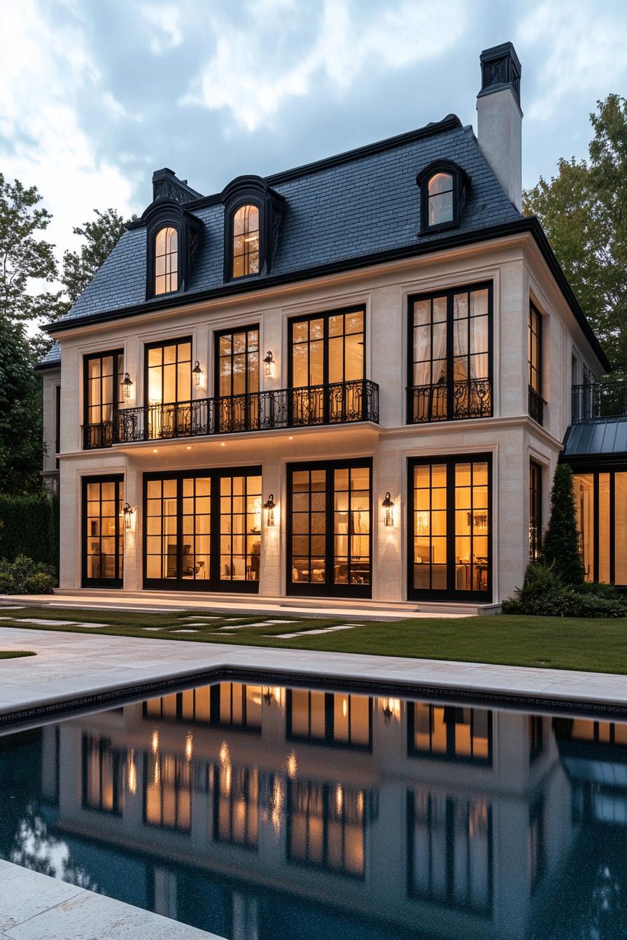 modern french mansion with black roof and large windows in black trim pool in front 2