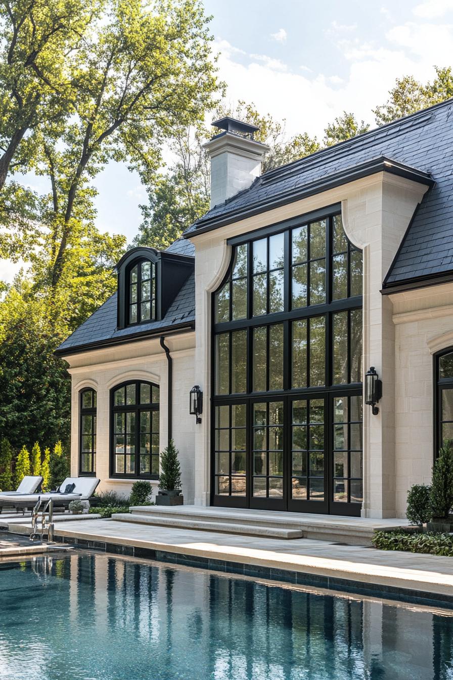 modern french mansion with black roof and large windows in black trim pool in front