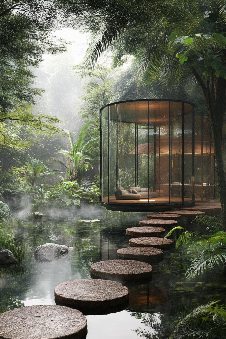 modern glass cabin in a tropical forest on a steaming stream pond edge theres a stone circles path across the pond 1