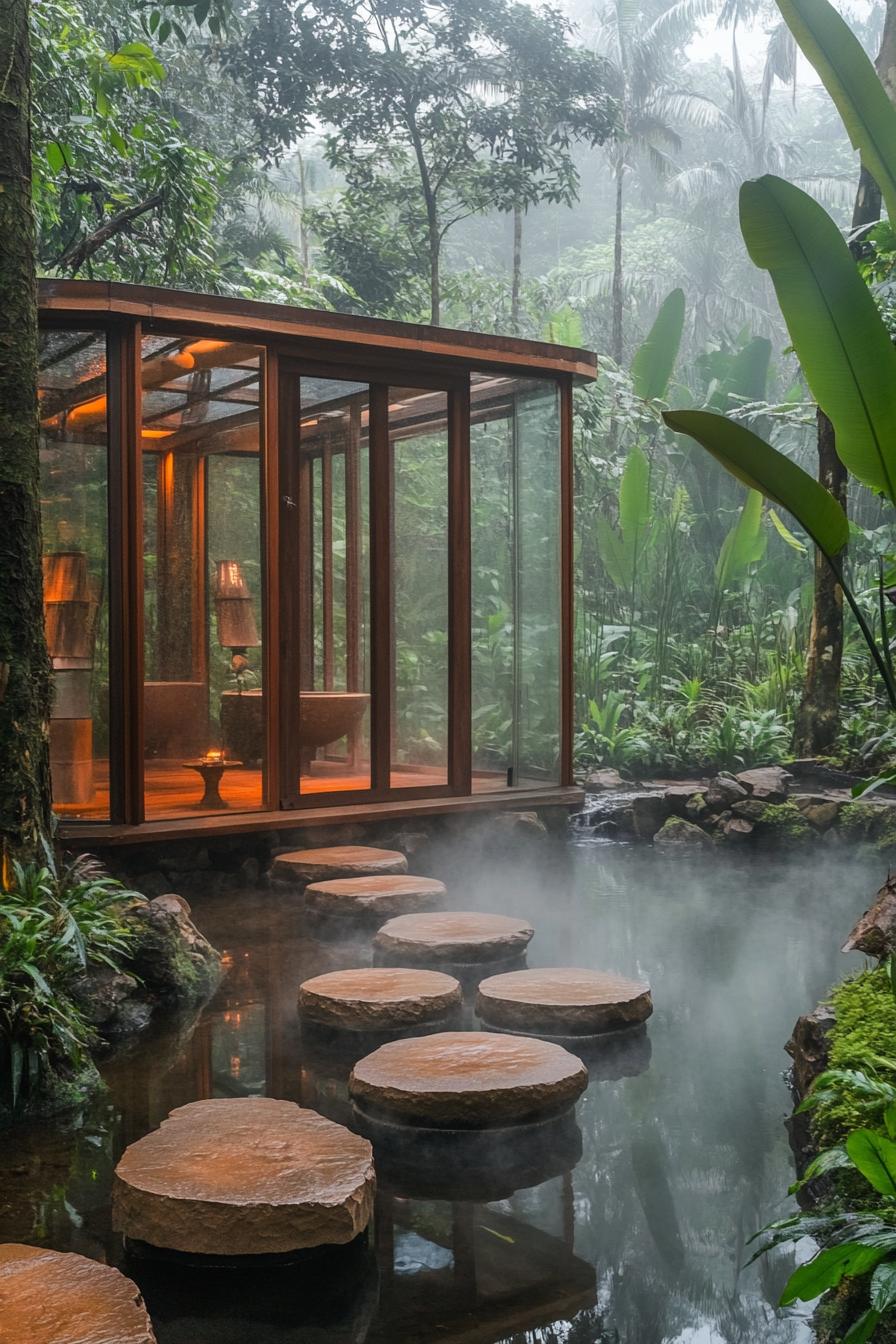 modern glass cabin in a tropical forest on a steaming stream pond edge theres a stone circles path across the pond