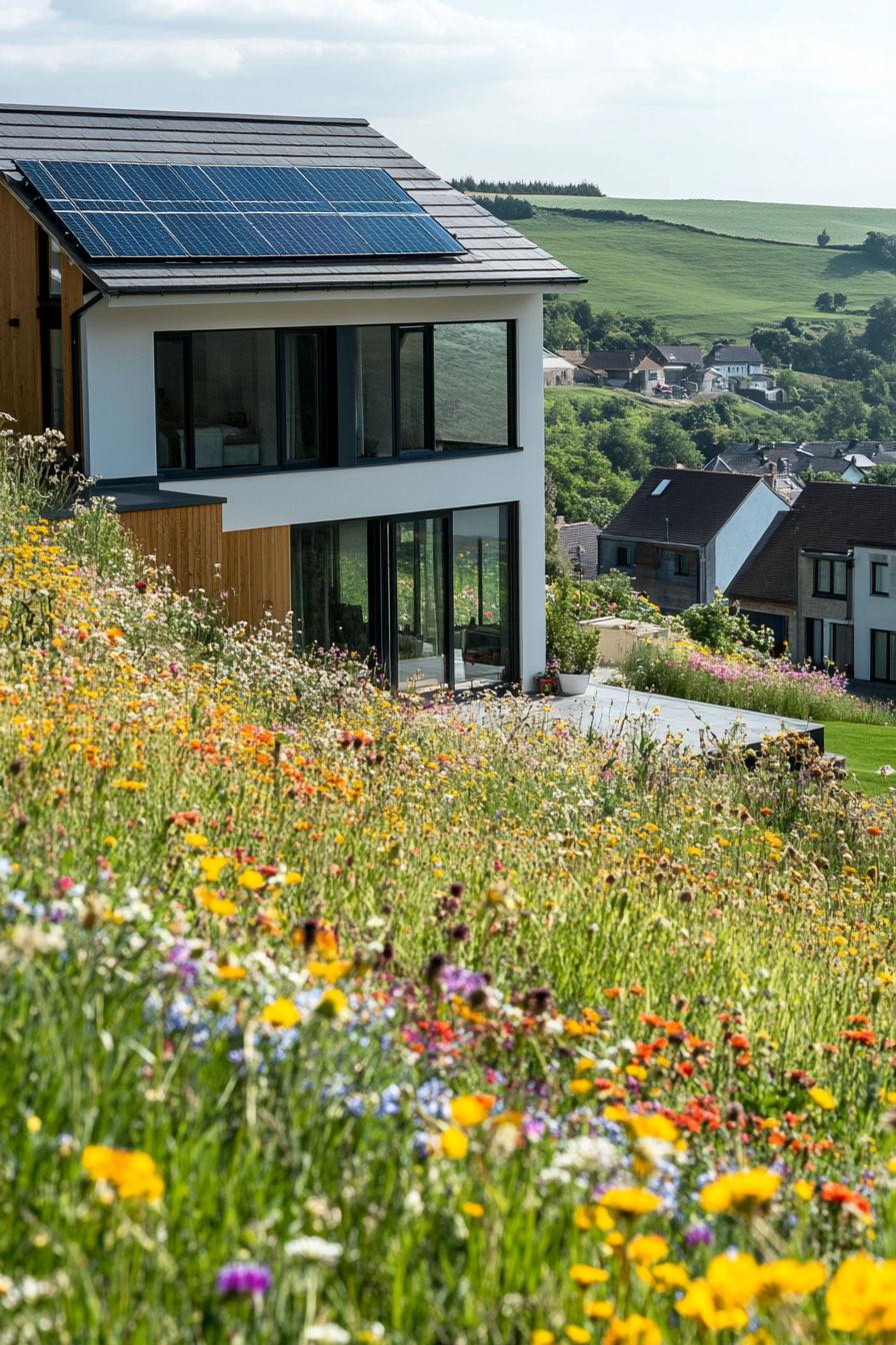 modern hillside house with pitched roof with solar panels large glass windows the hillside has wildflower meadow other houses are visible further 1