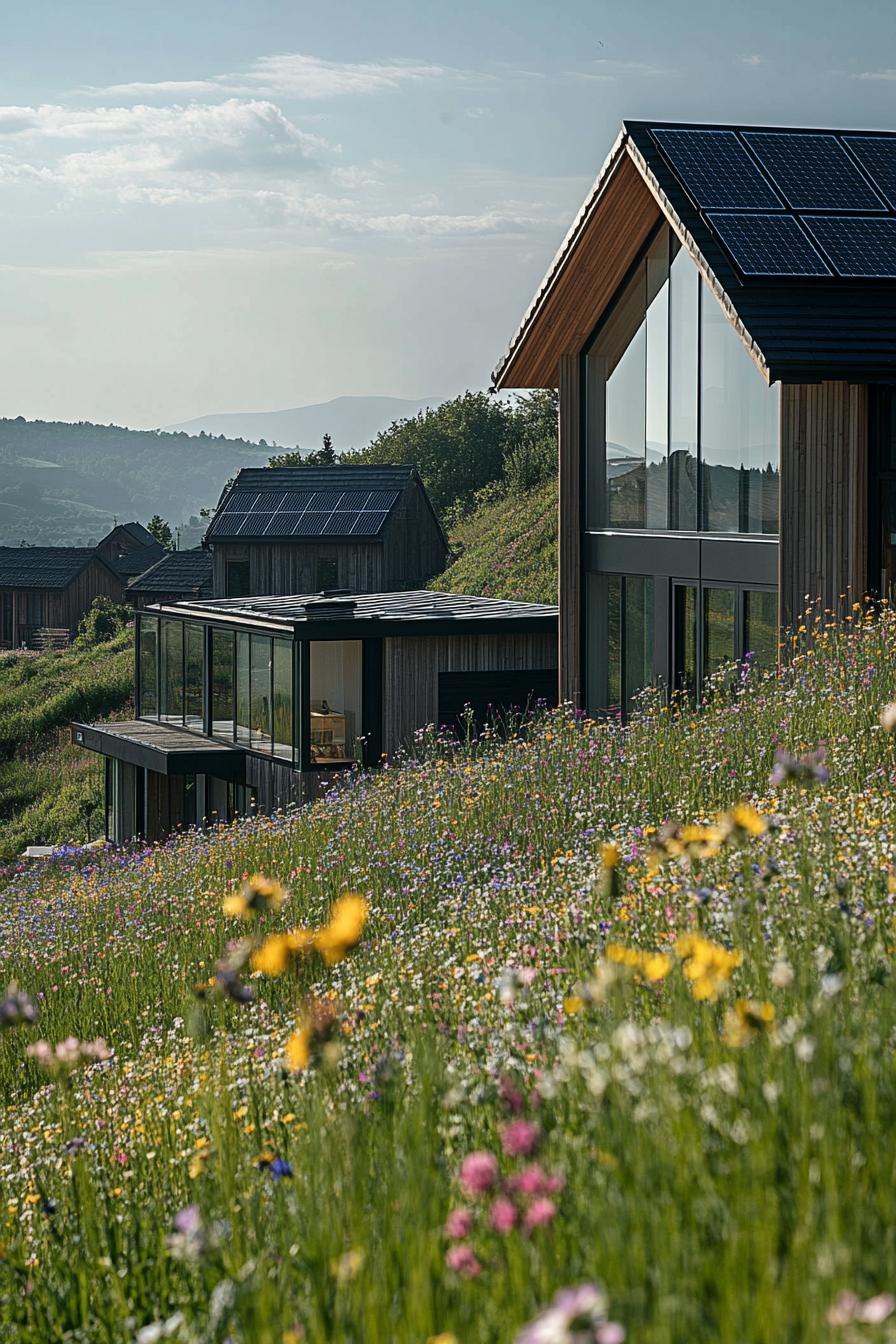 modern hillside house with pitched roof with solar panels large glass windows the hillside has wildflower meadow other houses are visible further 2