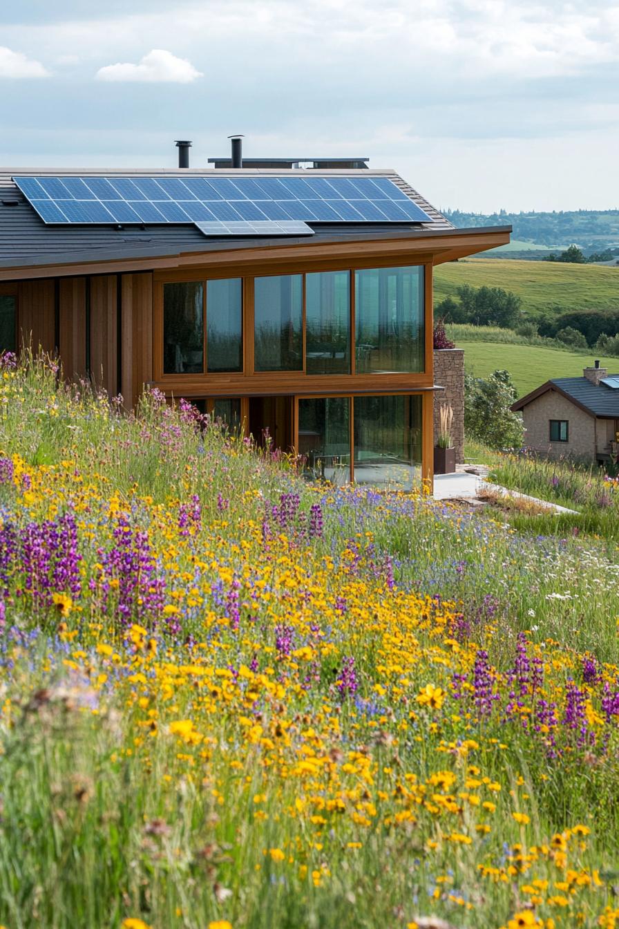 modern hillside house with pitched roof with solar panels large glass windows the hillside has wildflower meadow other houses are visible further