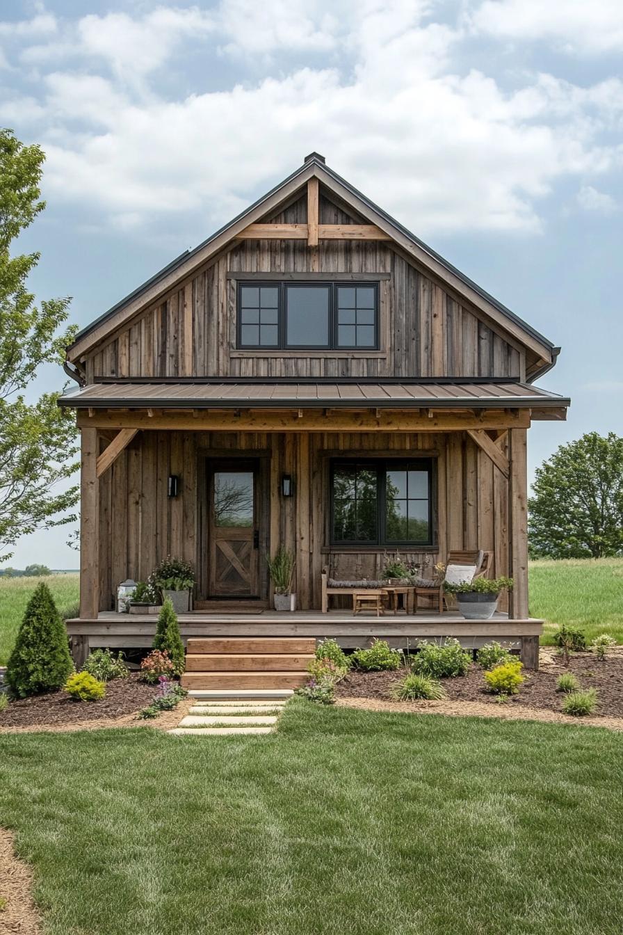 modern rustic small barn home with board and batten reclaimed wood siding natural wood stain trim porch with beams and steps lawn with shrubs 1