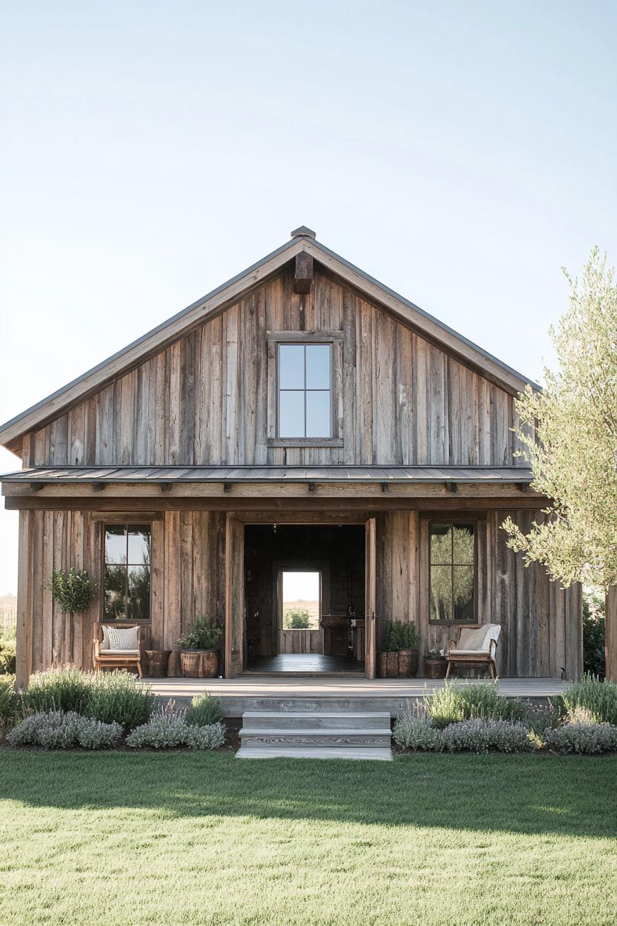 modern rustic small barn home with board and batten reclaimed wood siding natural wood stain trim porch with beams and steps lawn with shrubs