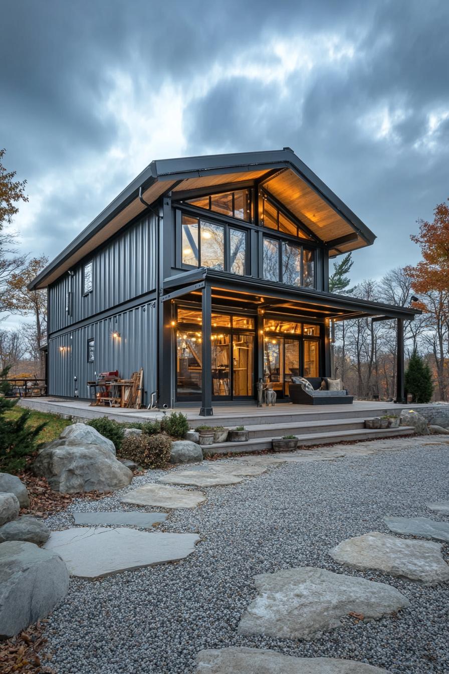 modern shipping container home with pole barn frame built onto it