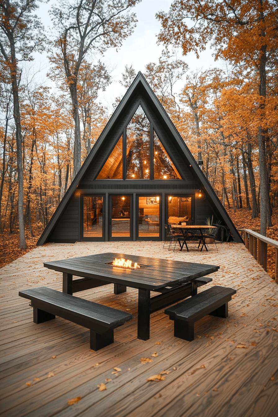 modern tiny a frame forest cabin on a large deck with benches built into the railings dining table with gas firepit v 6.1