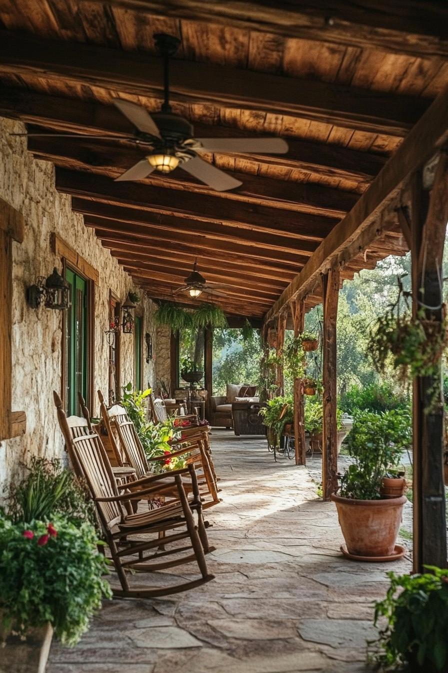 ranch house rustic porch potted plants ceiling fan wooden chairs