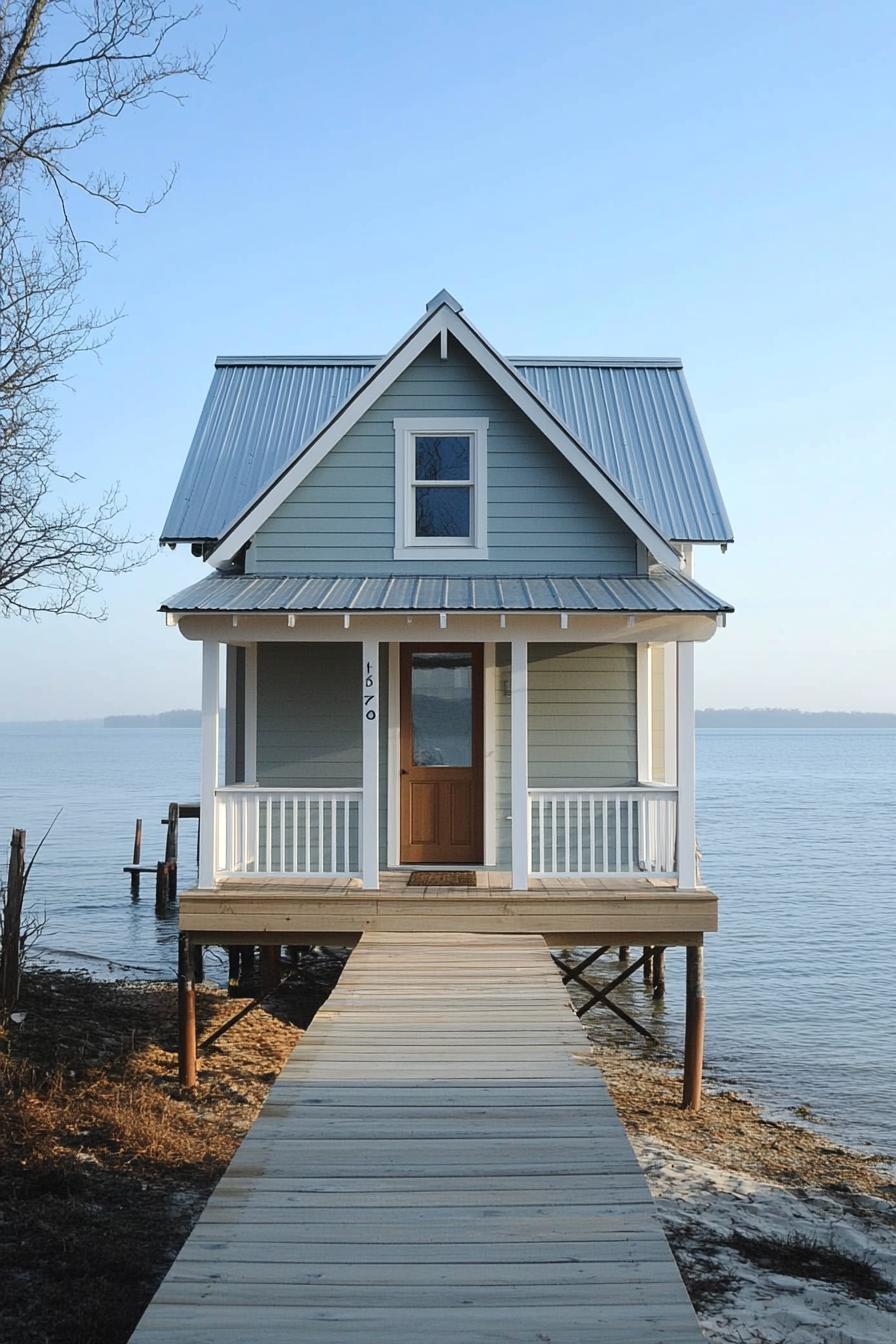 tiny cabin on a deck in the sea with a wooden path leading to it the cabin has shiplap siding and pitched roof a deck porch with columns