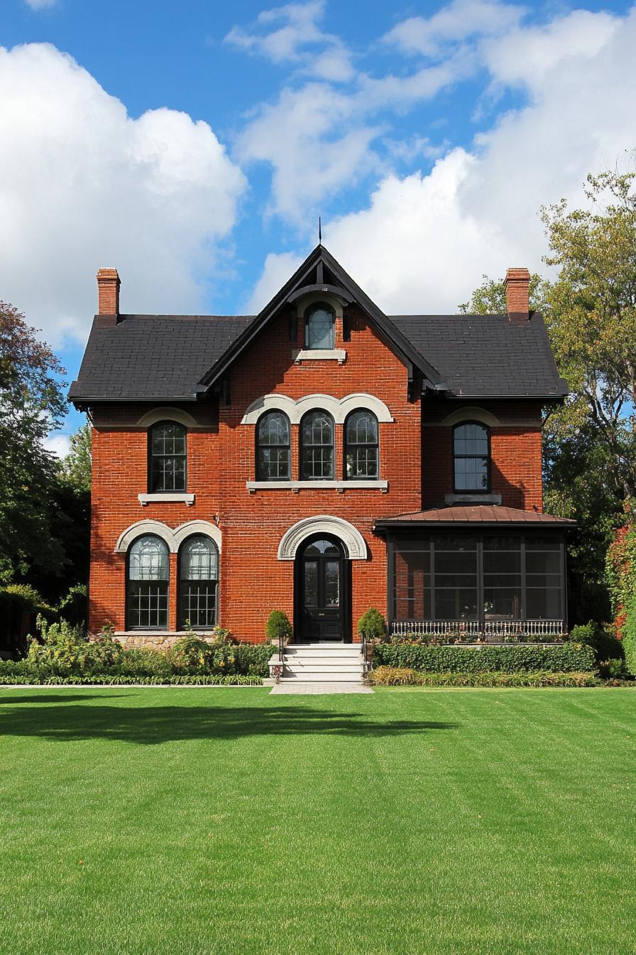 traditional red brick house with lawn