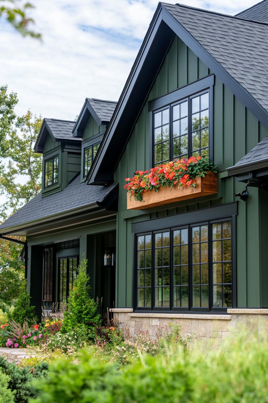 upclose craftsman house in hunter green siding dark roof modern windows with flower boxes