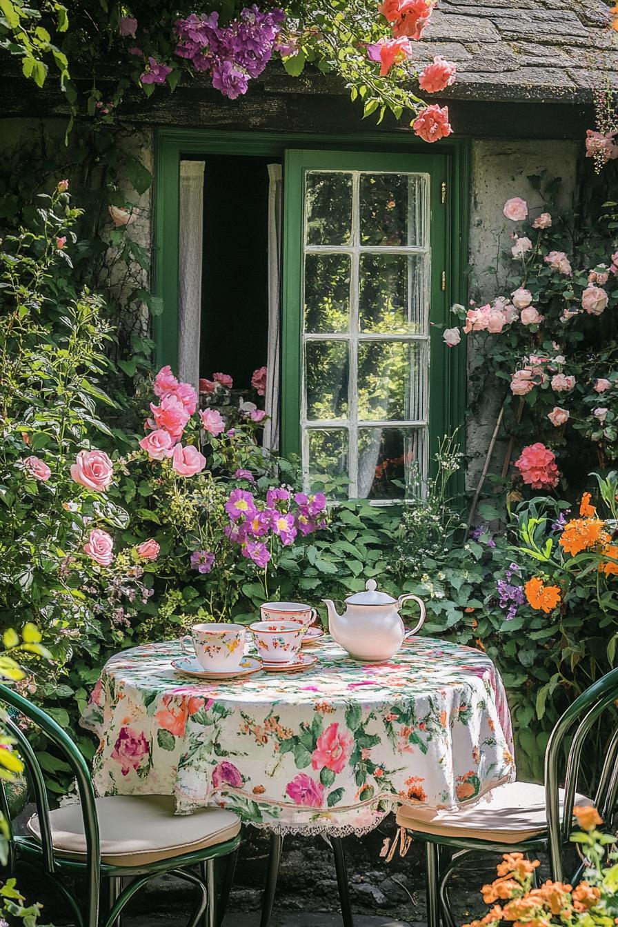 a round table set with floral tablecloth teapot and two tea cups garden chairs in front of a cottage window lots of lush flowers all around