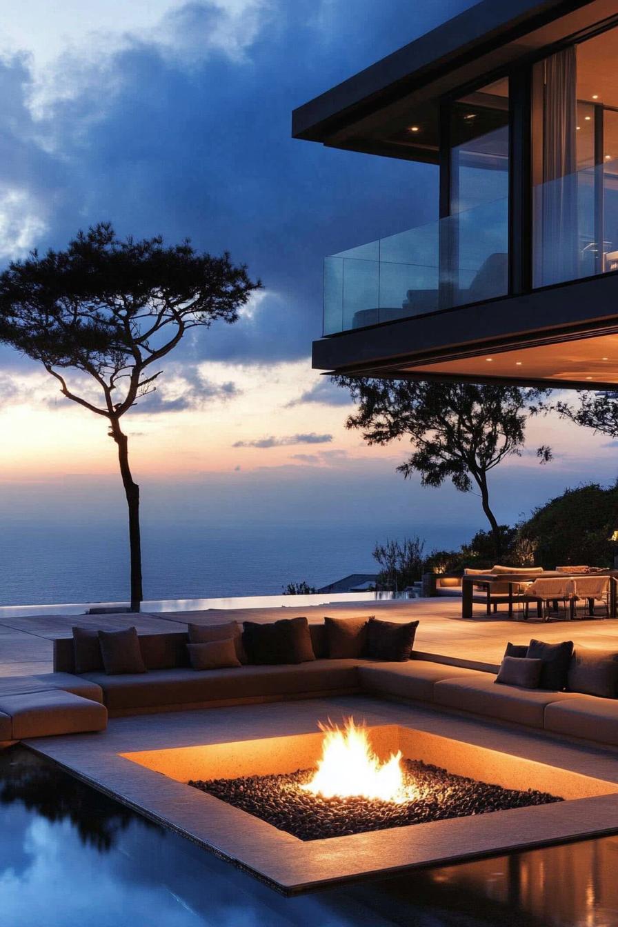 a sunken lounge benches with gas firepit in front of an infinity pool and a luxury modern house overlooking stunning ocean views 1