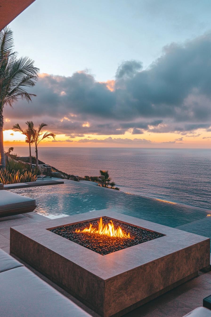 a sunken lounge benches with gas firepit in front of an infinity pool and a luxury modern house overlooking stunning ocean views 2