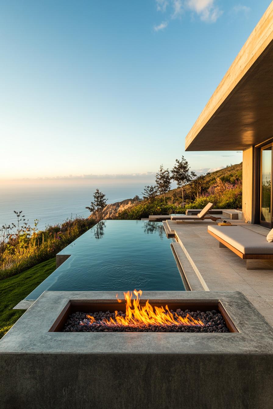 a sunken lounge benches with gas firepit in front of an infinity pool and a luxury modern house overlooking stunning ocean views