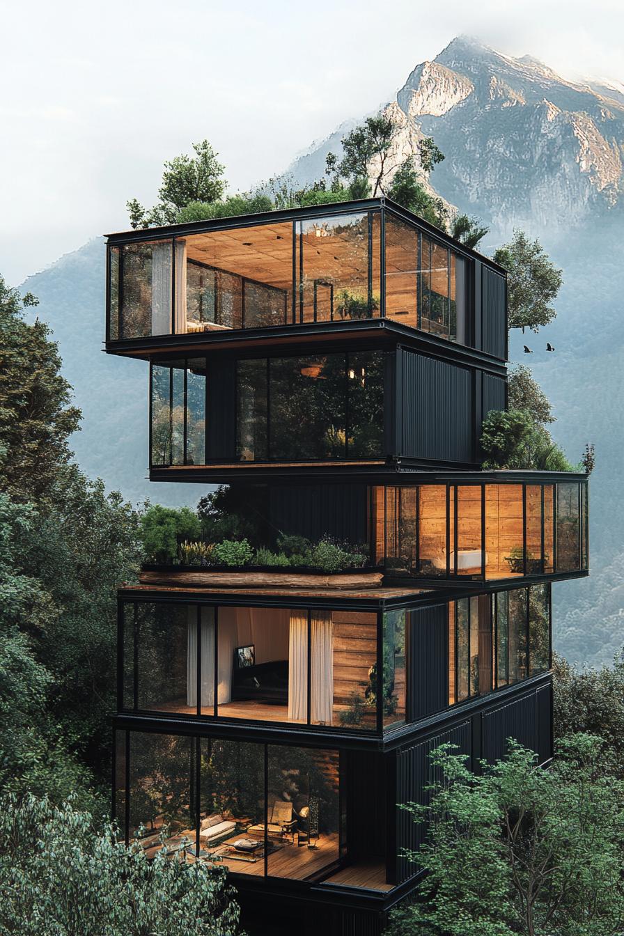 a tall modern container apartment building complex with full glass walls in the mountains with garden decks imposing mountain top in the background 1